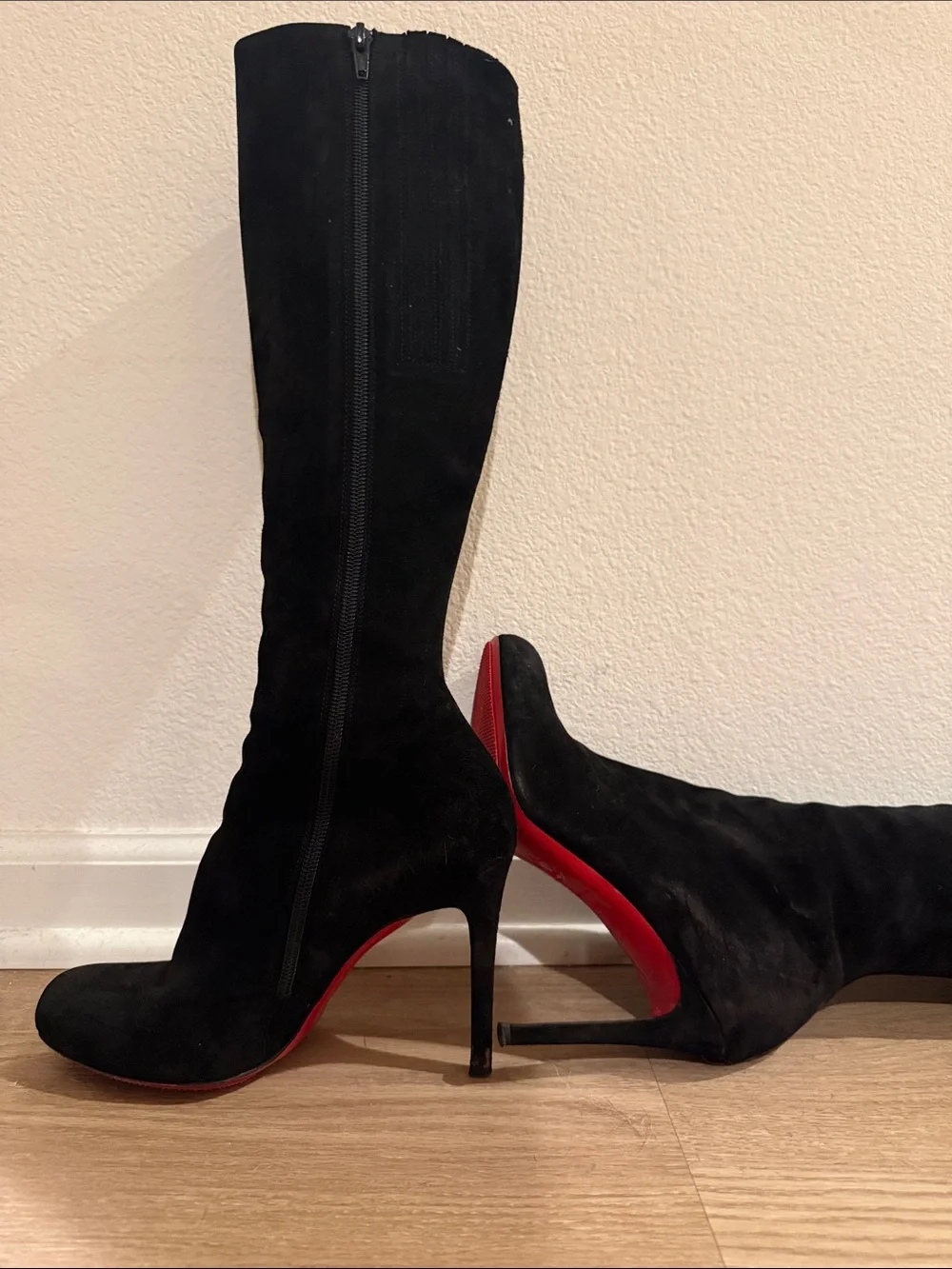 Christian Louboutin Black Suede Over-the-Knee Stiletto Boots with Red Soles